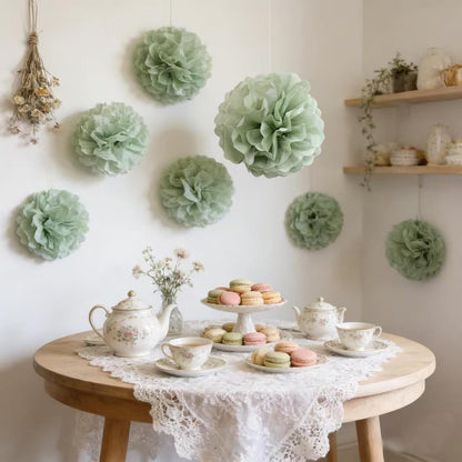9-Pack Sage Green Tissue Paper Flower Pom Poms Decorations - 12" 10" Sage Hanging Paper Party Decor for Bridal Shower, Baby Shower, Birthday, Wedding, Nursery Room, Backdrop Supplies