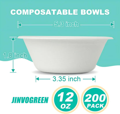 JINVOGREEN 200 Count 12 oz Paper Bowls, Disposable Compostable Bowls Bulk, Heavy Duty Biodegradable Bagasse Bowl for Snacks, Soup, and Salads, White