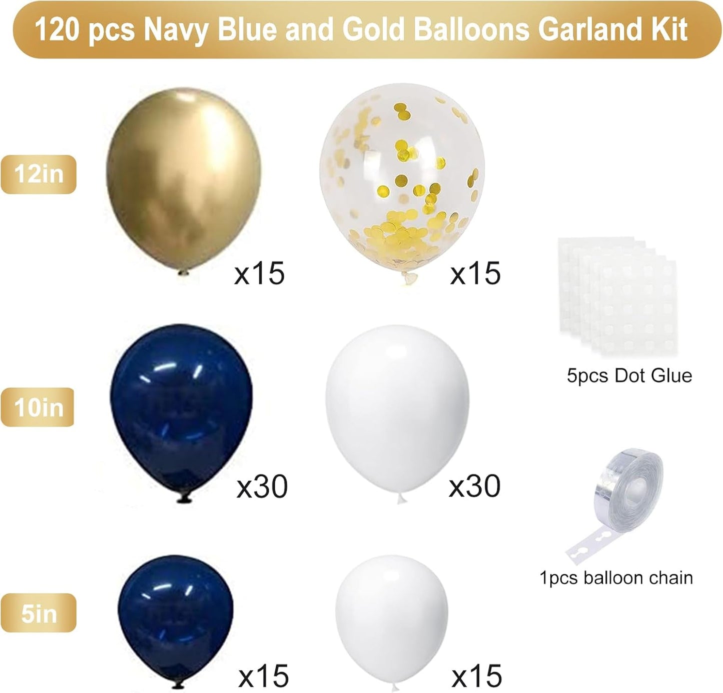 Navy Blue Gold Balloons Garland Kit, 120 pcs Navy and Gold Confetti White Balloons Arch for Graduation Birthday Party Baby Shower DIY Decoration