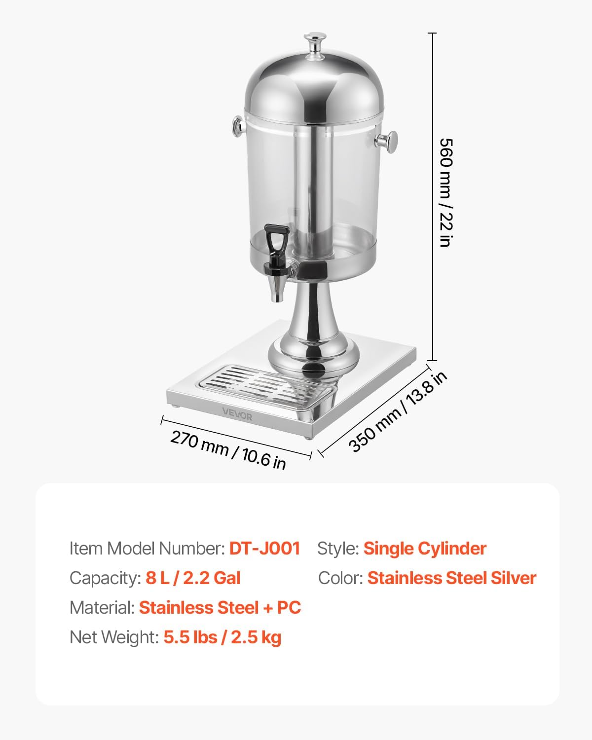 VEVOR Beverage Dispenser, 2.1 Gallon x 2 Drink Dispenser for Parties, Stainless Steel + Plastic Juice Dispensers with Spigot Ice Chamber Tray, Iced Tea Lemonade Dispensers, for Restaurants, Hotels
