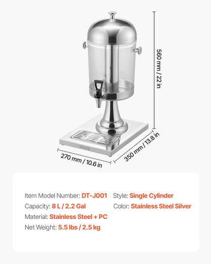 VEVOR Beverage Dispenser, 2.1 Gallon x 2 Drink Dispenser for Parties, Stainless Steel + Plastic Juice Dispensers with Spigot Ice Chamber Tray, Iced Tea Lemonade Dispensers, for Restaurants, Hotels