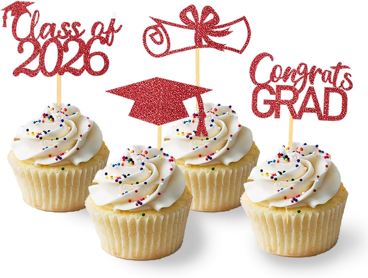 2026 Graduation Theme Cupcake Toppers Glitter Class of 2026 Graduation Cap Diploma Cupcake Picks - Set of 24 (Gold)
