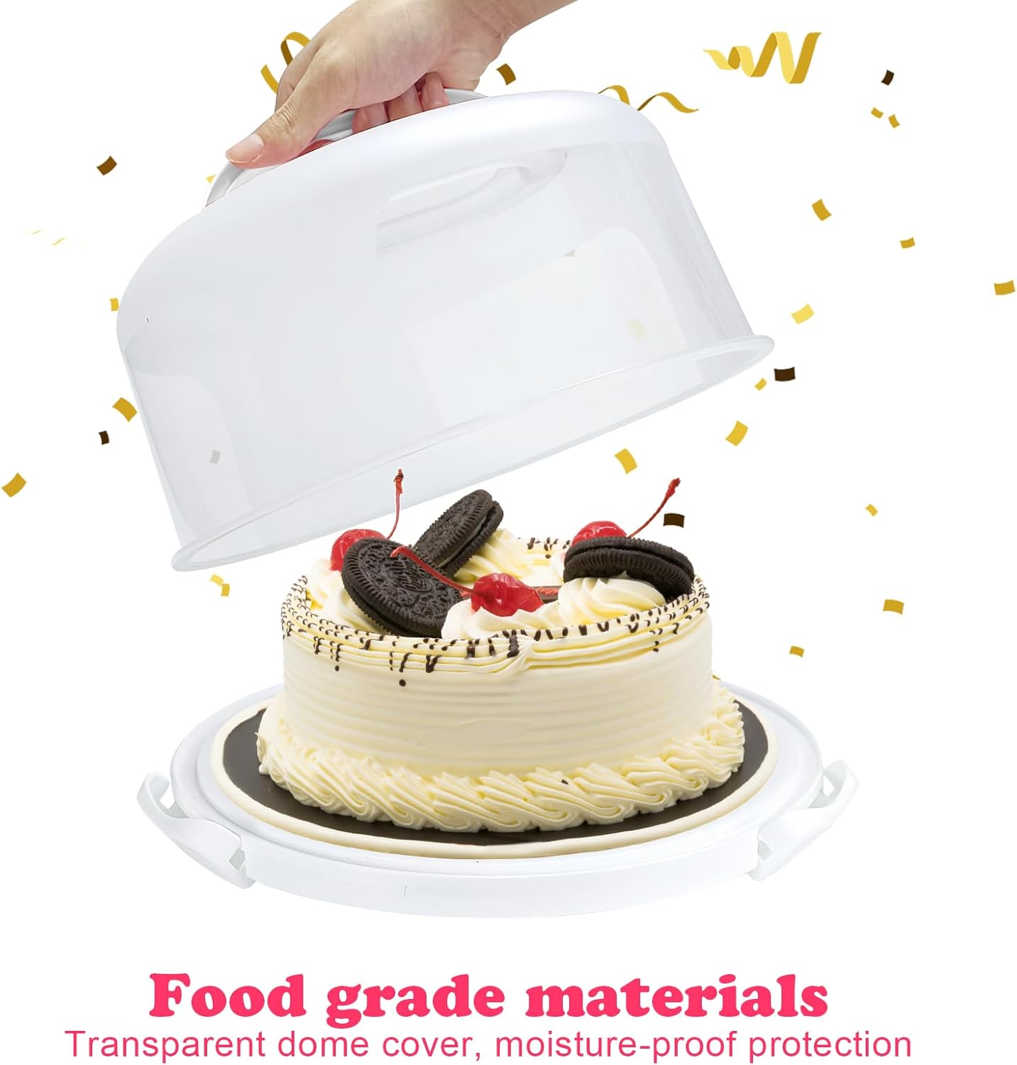 Cake Carrier with Lid and Handle, Fit 10’’ Cake Stand with Lid, Cake Transport Storage Container, Cake Containers Cover Stand with Lids, 3 Secure Side Closures (Pink)