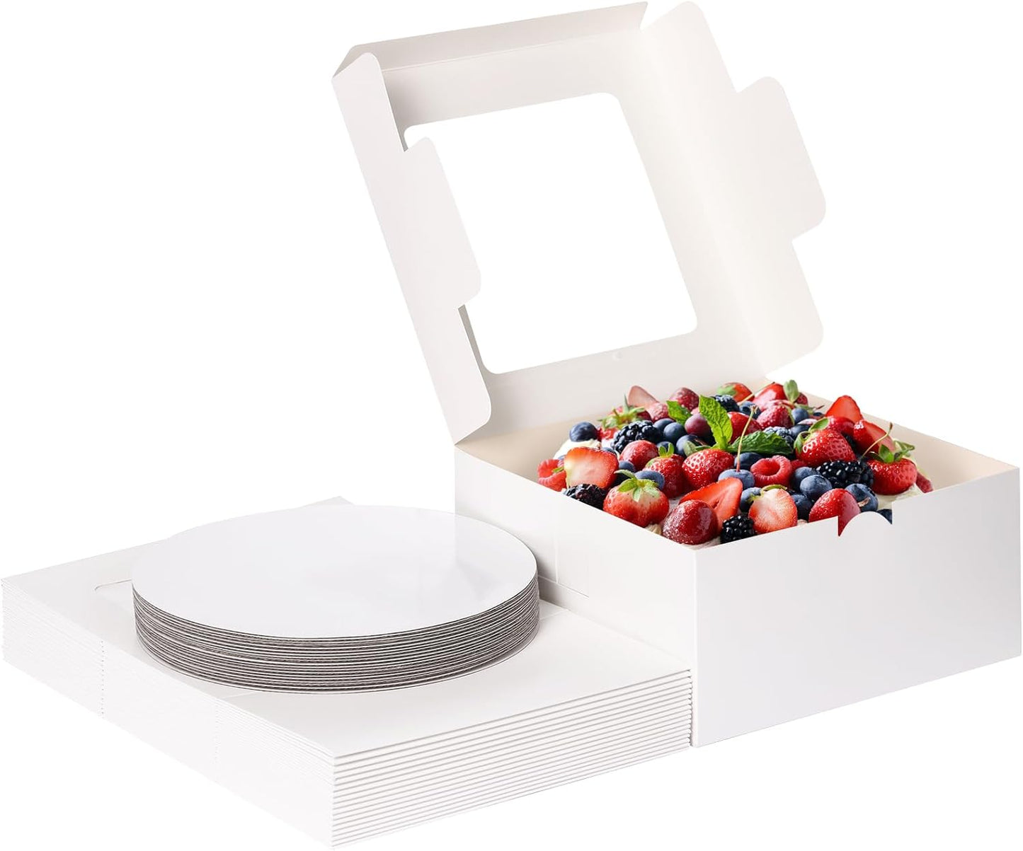 Moretoes 15 Sets Cake Boxes, 10x10x5 Inches Bakery Boxes with Cake Boards, 10 Inch with Stickers Disposable Cake Containers with Lids for Valentine's Day Mother's Day Cheesecake, Cakes