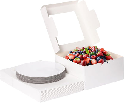 Moretoes 15 Sets Cake Boxes, 10x10x5 Inches Bakery Boxes with Cake Boards, 10 Inch with Stickers Disposable Cake Containers with Lids for Valentine's Day Mother's Day Cheesecake, Cakes