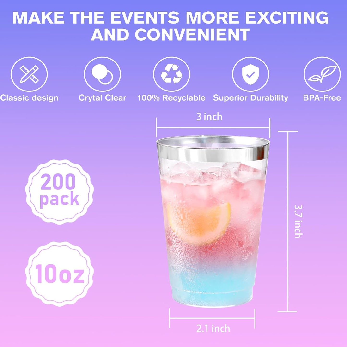supernal 100pcs Gold Plastic Cups 12 oz, Glitter Clear Disposable Cups Heavy Duty, Fancy Plastic Cocktail Tumblers for Wedding, Parties Champagne & Mixed Drinks