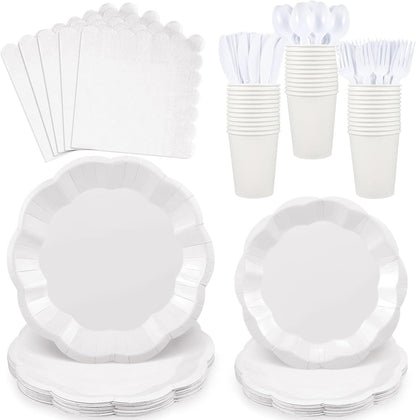 NatNarr 175 Pcs Sage Green Plates and Napkins Set, 25 Guest Sage Green Party Supplies Include Scalloped Paper Plate Napkin Cup Forks Knives Disposable Plastic Cutlery for Wedding Baby Shower Birthday