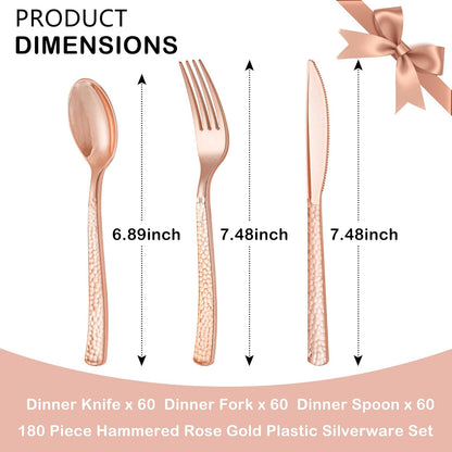 Supernal 180Pcs Silver Plastic Silverware Set, Elegant Hammered Design Heavy Duty Disposable Cutlery, Includes 60 Forks, 60 Knives, 60 Spoons,Silver Plastic Utensils for Wedding, Parties,Events