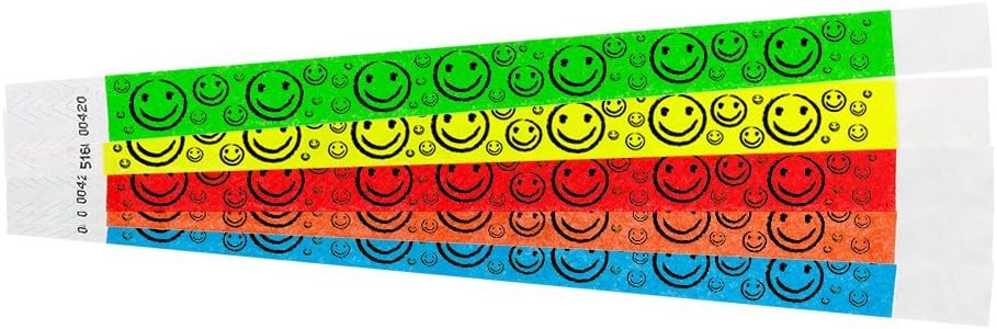 500 WristCo Yellow Smiley Face Tyvek Wristbands for Events - ¾” x 10” - Waterproof Recyclable Comfortable Tear Resistant Paper Bracelets Wrist Bands for Concerts Festivals Admission Party
