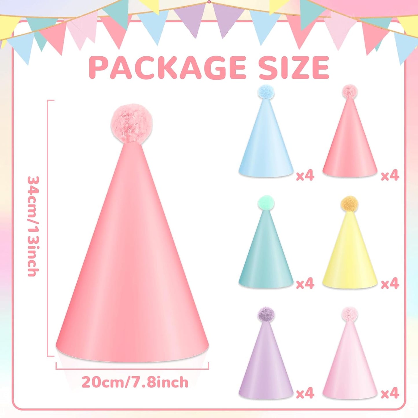 24 PCS Rainbow Party Hats - DIY Assemble Pastel Rainbow Themed Paper Hats Pastel Party Birthday Party Cone Hats Macaron Themed Party Hats for Kids and Adults Birthday, Baby Shower Party Decorations