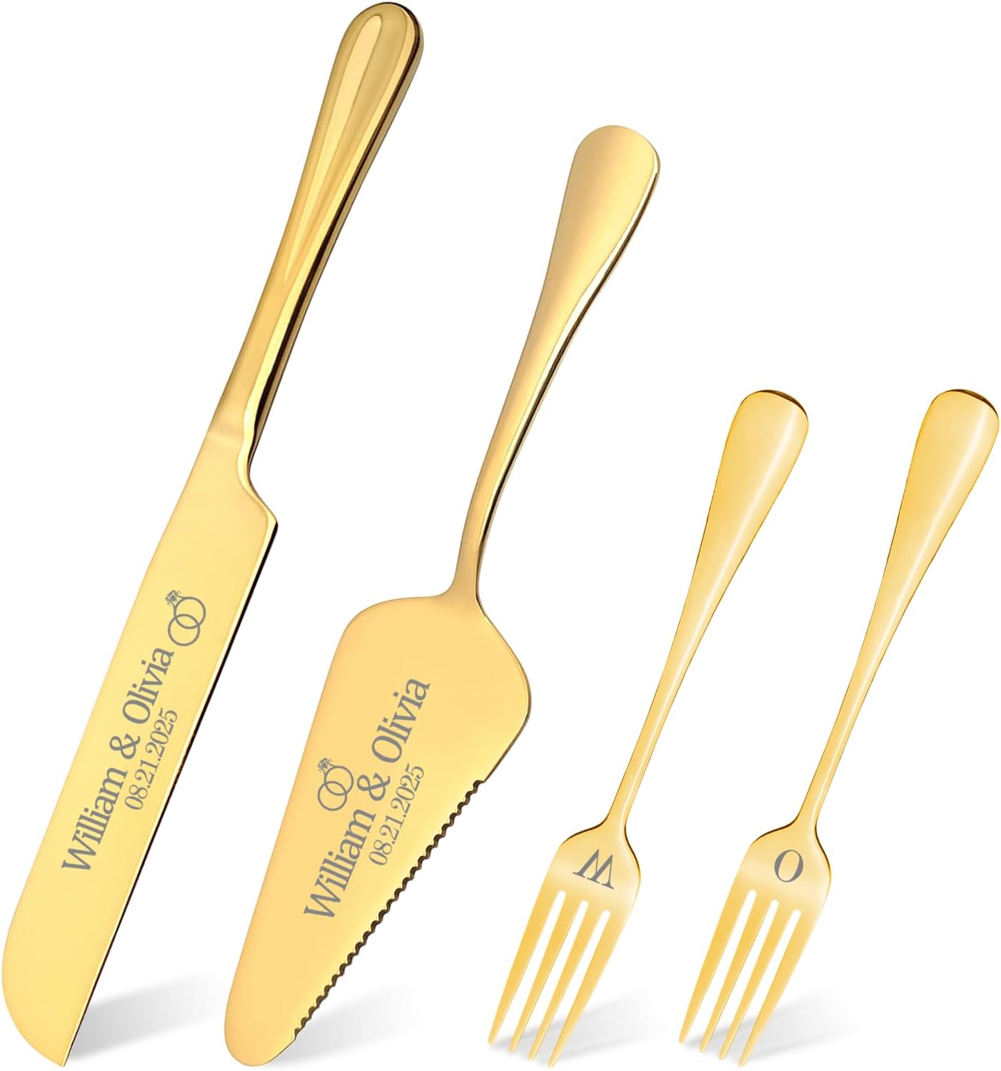 Personalized 4 Piece Cake Cutting Set for Wedding - Custom Cake Knife and Server Set with Forks, Cake Cutter Set Ideal for Wedding Anniversary Bridal Gifts (Silver)