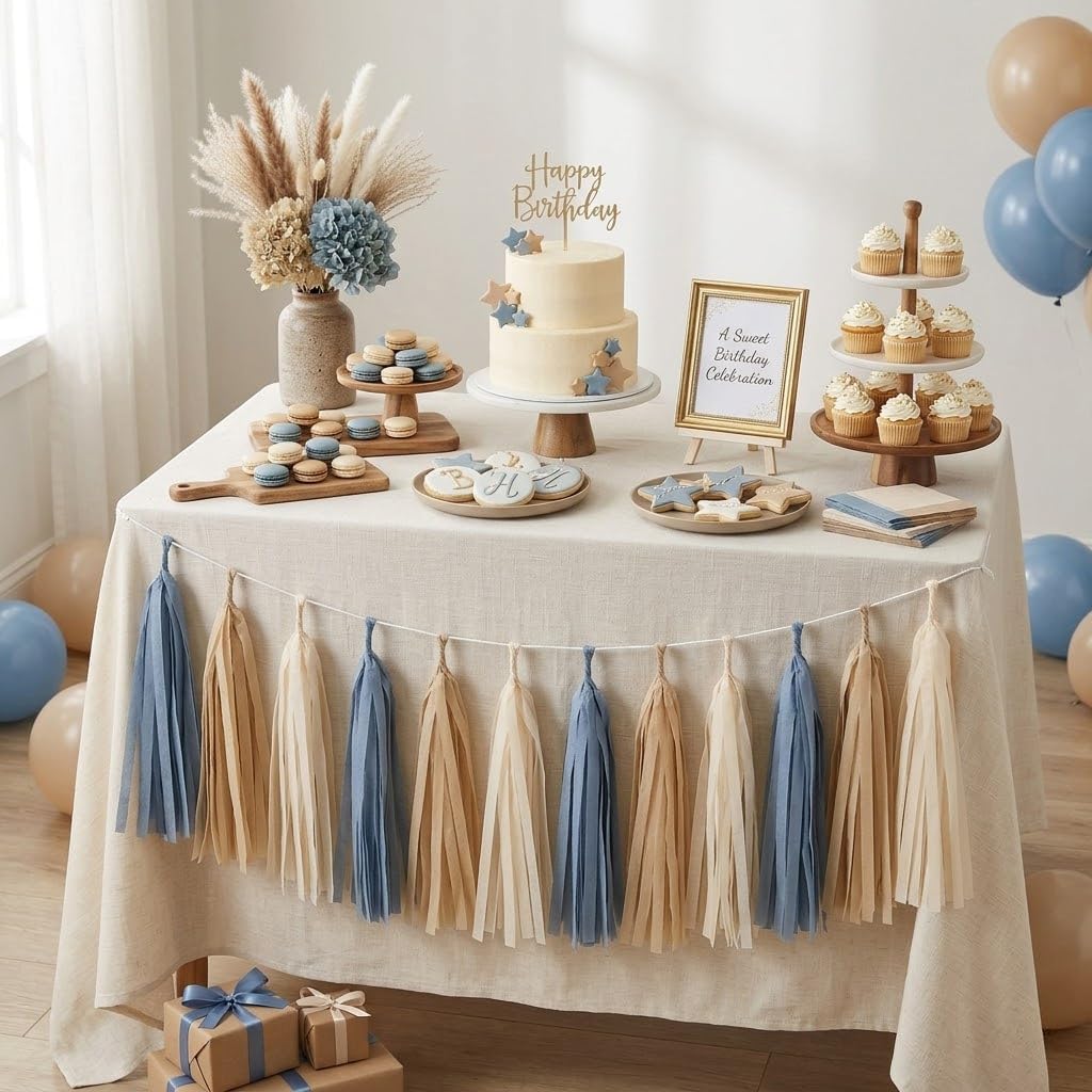15PCS Dusty Blue Tan and Cream Tissue Paper Tassel Garland Fringe Streamers for Neutral Boho Boy Baby Shower Bunting Coastal Bachelorette Wedding First Birthday Nursery Wall Hanging Party Decor