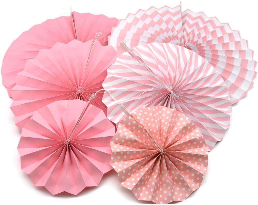 Hocansen 6PCS Paper Fan Garland Paper Fans Party Decorations 8/12/16in Hanging Papers Fans Set Round Papers Fans Pattern Garland for Birthday, Wedding (ZS/Pink)