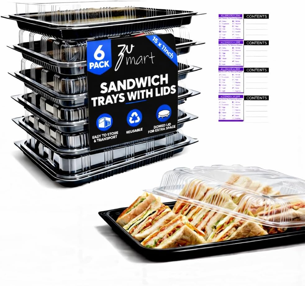 6 Pack Catering Trays with Lid – 13" Serving Trays with Lids - Reusable Serving Platter With Lid for Catering, Buffet, Picnics & Events – Party Trays With Lids (13.39 × 9.84 × 2.95 inch)