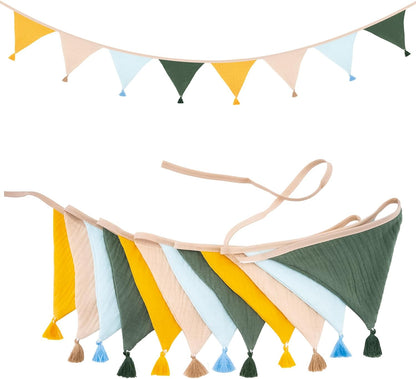 G2PLUS Cotton Fabric Bunting Banner, 9Ft Green Triangle Pennant Banner Flag, 12pcs Double-Sided Bunting Garland with Tassels for Birthday, Nursery, Baby Shower, Classroom Hanging Decor