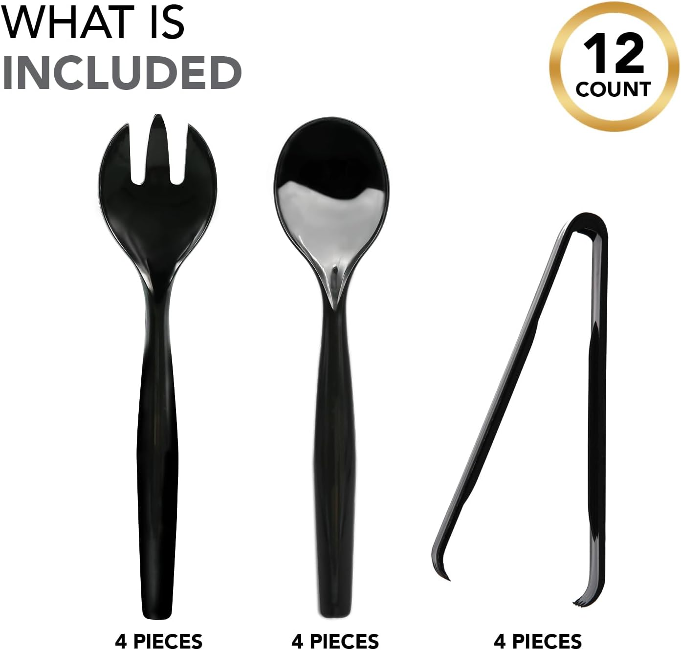 Party Essentials Disposable Heavy Duty Plastic Serving Utensils for Buffets Events Parties, 4-Sets of Spoons/Forks/Tongs, Black