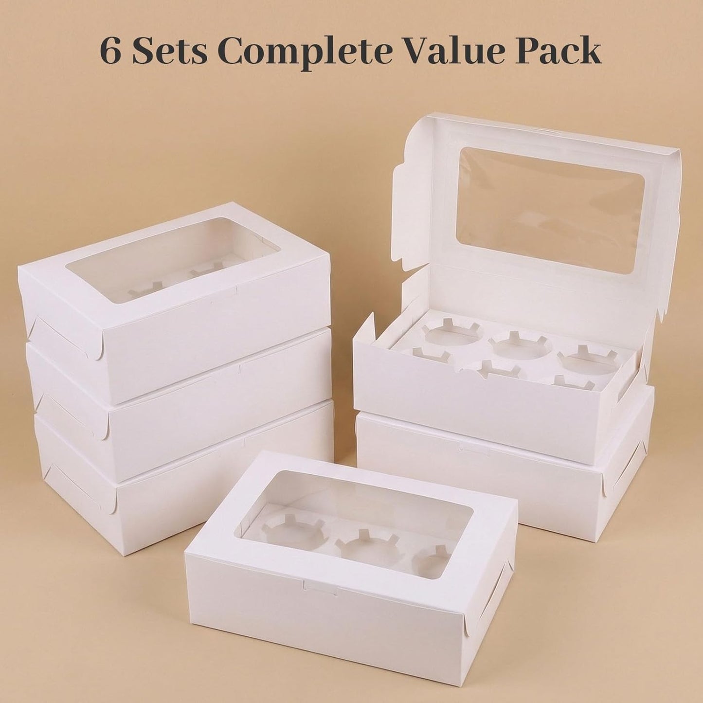 VGOODALL 6PCS White Cupcake Boxes, 6 Count Cupcake Containers with Window Holding 36 Pastry Box for Birthday Holiday Party Bakery Supplies