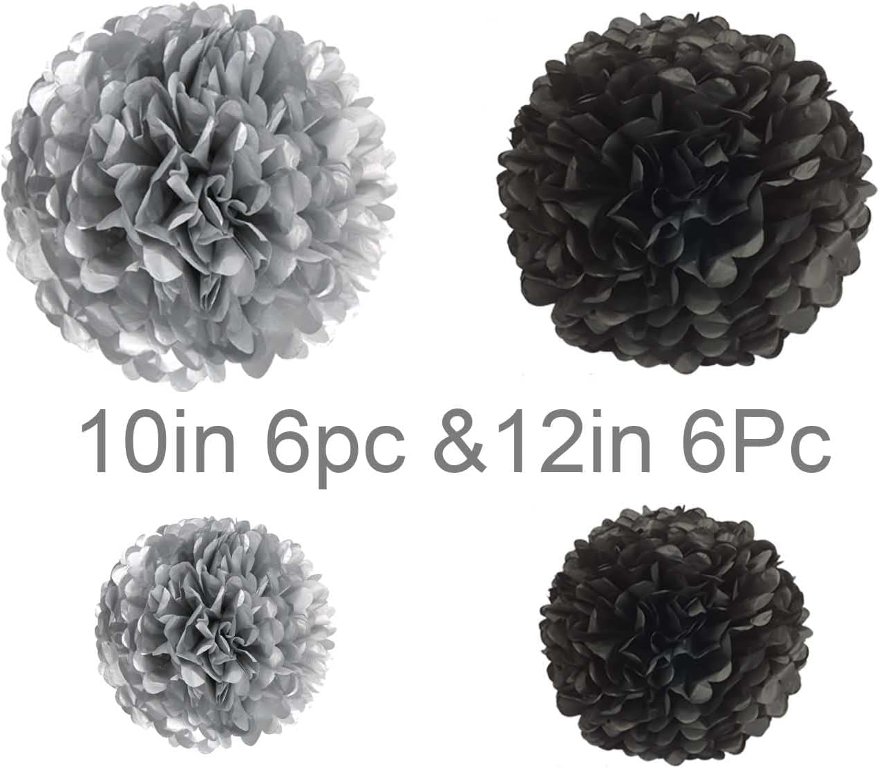 Black and White Tissue Paper Pom Poms Hanging Tissue Flowers Poms Decorations Pack of 12 for Wedding, Birthday,Party Backdrop Decor ect. (12", 10",Tissue Paper Flowers)