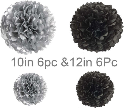 Black and White Tissue Paper Pom Poms Hanging Tissue Flowers Poms Decorations Pack of 12 for Wedding, Birthday,Party Backdrop Decor ect. (12", 10",Tissue Paper Flowers)
