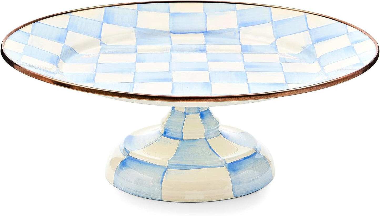 MACKENZIE-CHILDS Enamel Pedestal Platter, Round Cake Stand, Large, Black-and-White Courtly Check