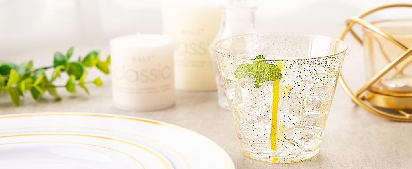 Nervure 120PCS Gold Plastic Cups - 9Oz Gold Rimmed Plastic Cups - Heavy Duty Disposable Clear Cup with Gold Rim Perfect for Weddings, Receptions & Parties