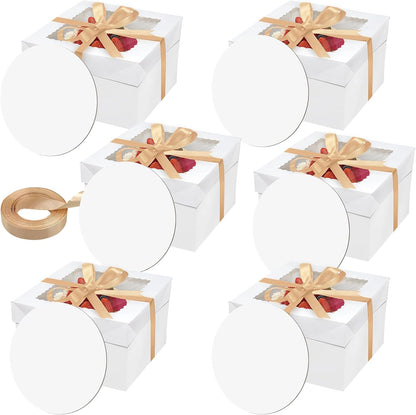 6PCS 12x12x8 Inches Cake Boxes with Boards—（3 Boxes with window & 3 Borads & 70ft Silk Ribbon） Large Square Baking Boxes for Christmas,Birthday Party, Wedding, Valentine's Day