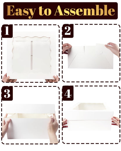qiqee White 6x6x5 Cake Box, 4 Sets White Cake Box with Window ＆ 4 Sets 6" White Cake Round Boards, 6inch Cake Containers
