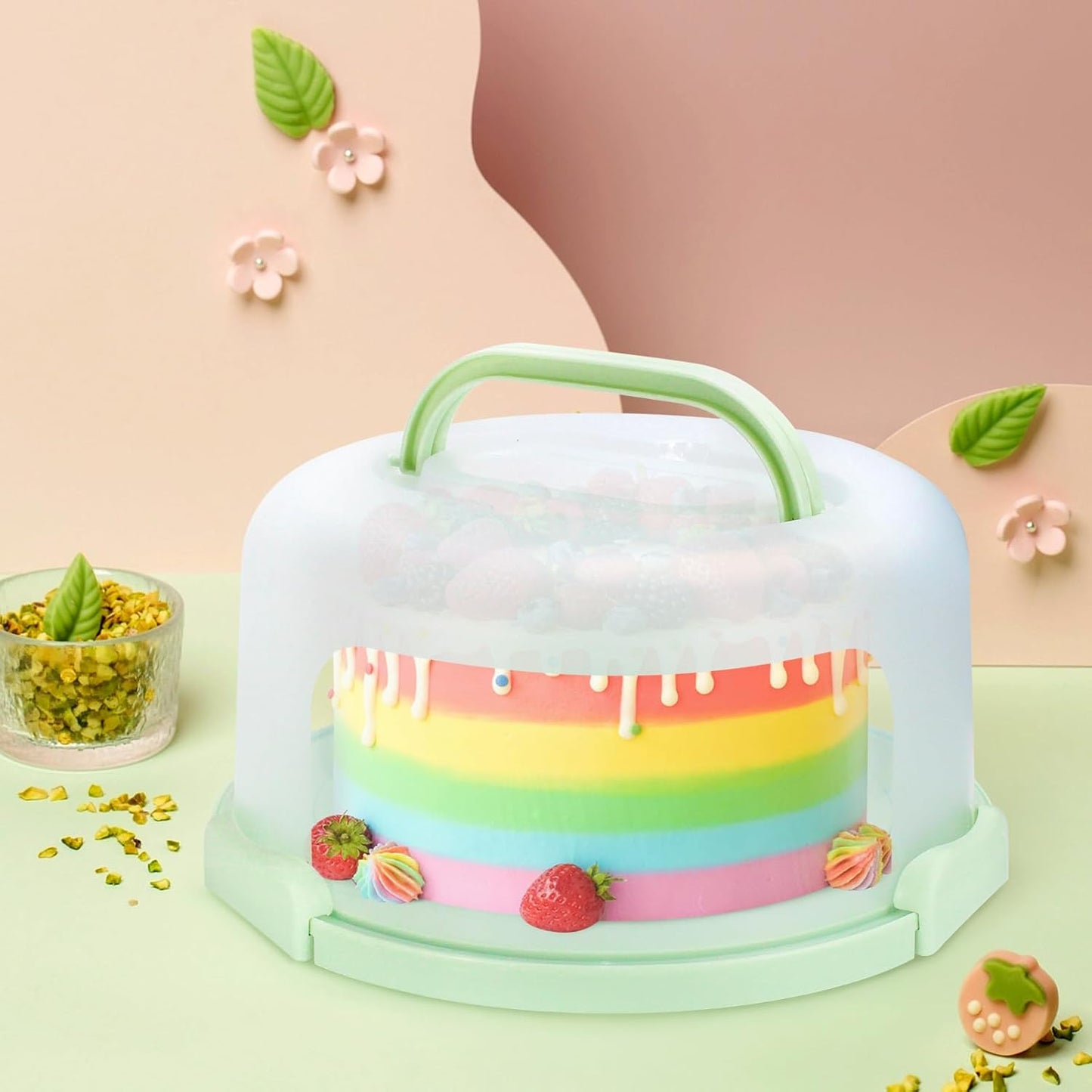 Cake Carrier with Lid and Handle, Fit 10’’ Cake Stand with Lid, Cake Transport Storage Container, Cake Containers Cover Stand with Lids, 3 Secure Side Closures (Pink)