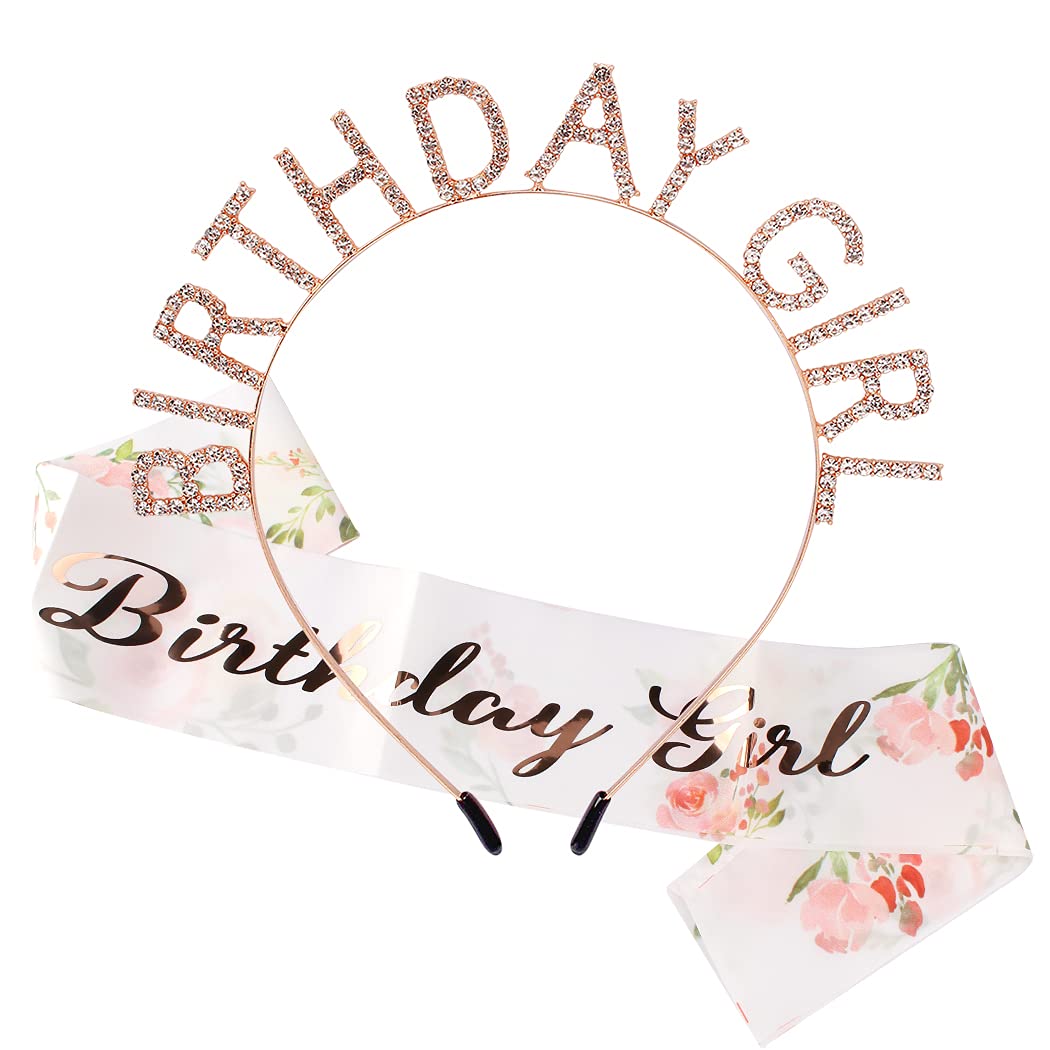 AOPRIE Birthday Girl Crown for Women with Sash Rose Gold Tiara for Women Headband Princess Crown Rhinestone Happy Birthday Accessories