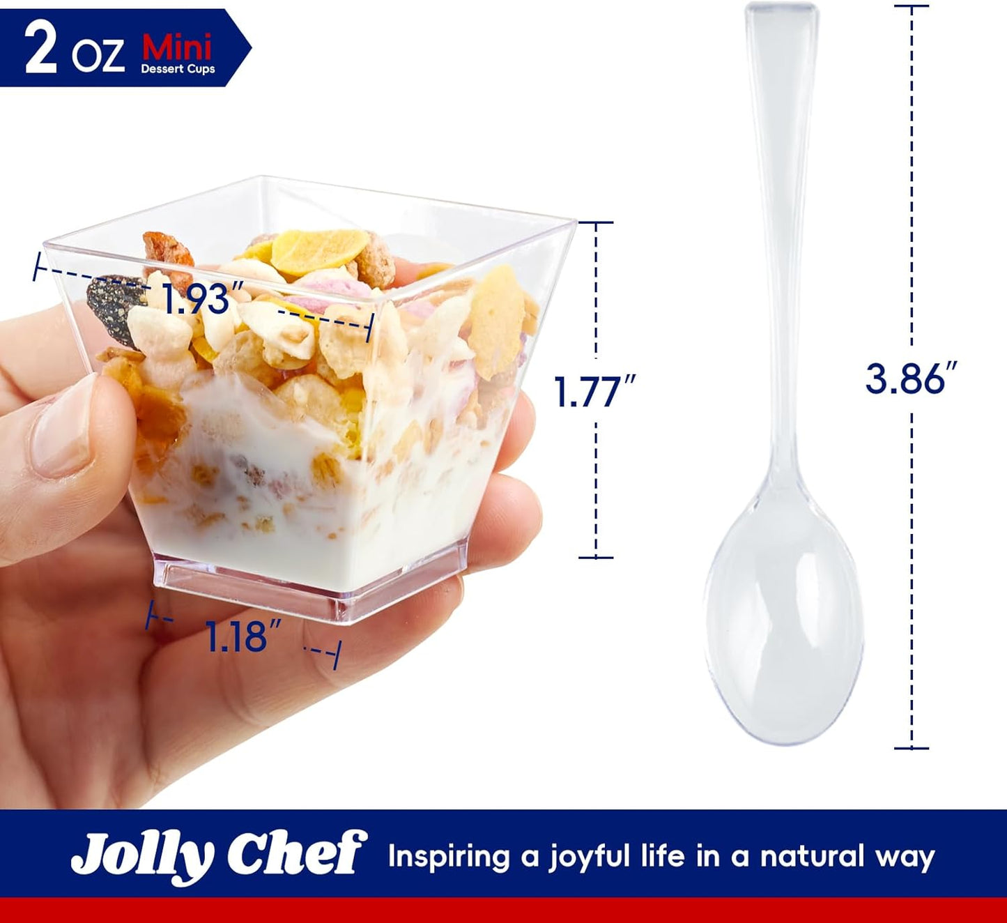 JOLLY CHEF 100 Pack 3 oz Square Mini Dessert Cups with Spoons, Clear Plastic Parfait Appetizer Cup, Small Plastic Dessert Serving Bowl for Tasting Party