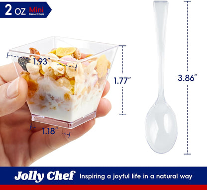 JOLLY CHEF 100 Pack 3 oz Square Mini Dessert Cups with Spoons, Clear Plastic Parfait Appetizer Cup, Small Plastic Dessert Serving Bowl for Tasting Party