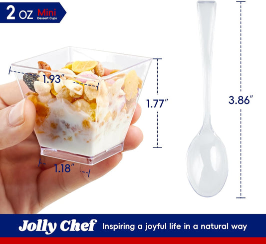 JOLLY CHEF 100 Pack 3 oz Square Mini Dessert Cups with Spoons, Clear Plastic Parfait Appetizer Cup, Small Plastic Dessert Serving Bowl for Tasting Party