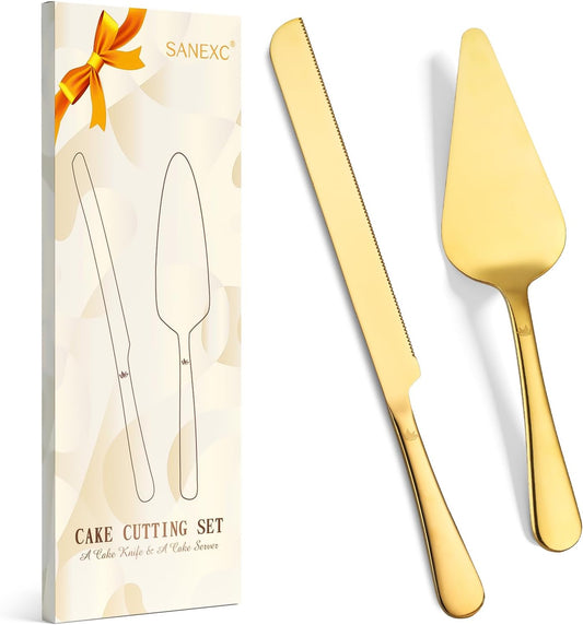 SANEXC Cake Cutting Set for Wedding - Extended Cake Knife And Server Set Thickened Stainless Steel Cake Cutter and Pie Spatula Great for Birthday Anniversary Christmas Gift Silver 2 Pcs