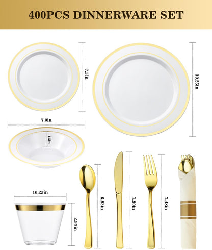 BESTVIP 350PCS Gold Plastic Dinnerware Set, Disposable Party Plates for 50 Guests, Include: 100 Plastic Plates, 50 Pre Rolled Napkins with Gold Silverware, 50 Cups
