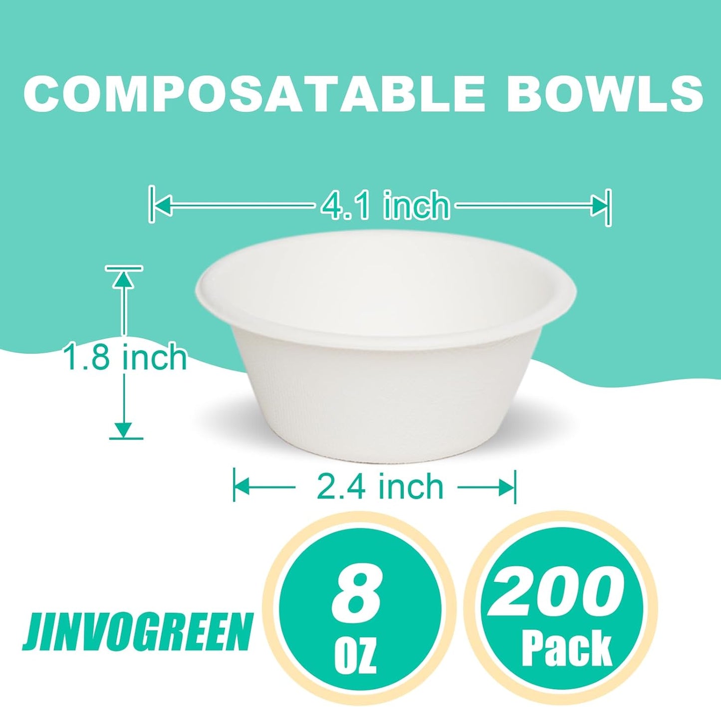 JINVOGREEN 200 Count 12 oz Paper Bowls, Disposable Compostable Bowls Bulk, Heavy Duty Biodegradable Bagasse Bowl for Snacks, Soup, and Salads, White