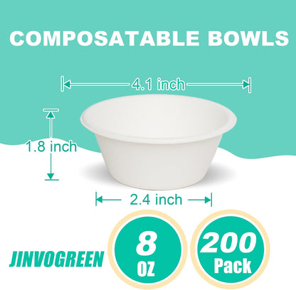 JINVOGREEN 200 Count 12 oz Paper Bowls, Disposable Compostable Bowls Bulk, Heavy Duty Biodegradable Bagasse Bowl for Snacks, Soup, and Salads, White