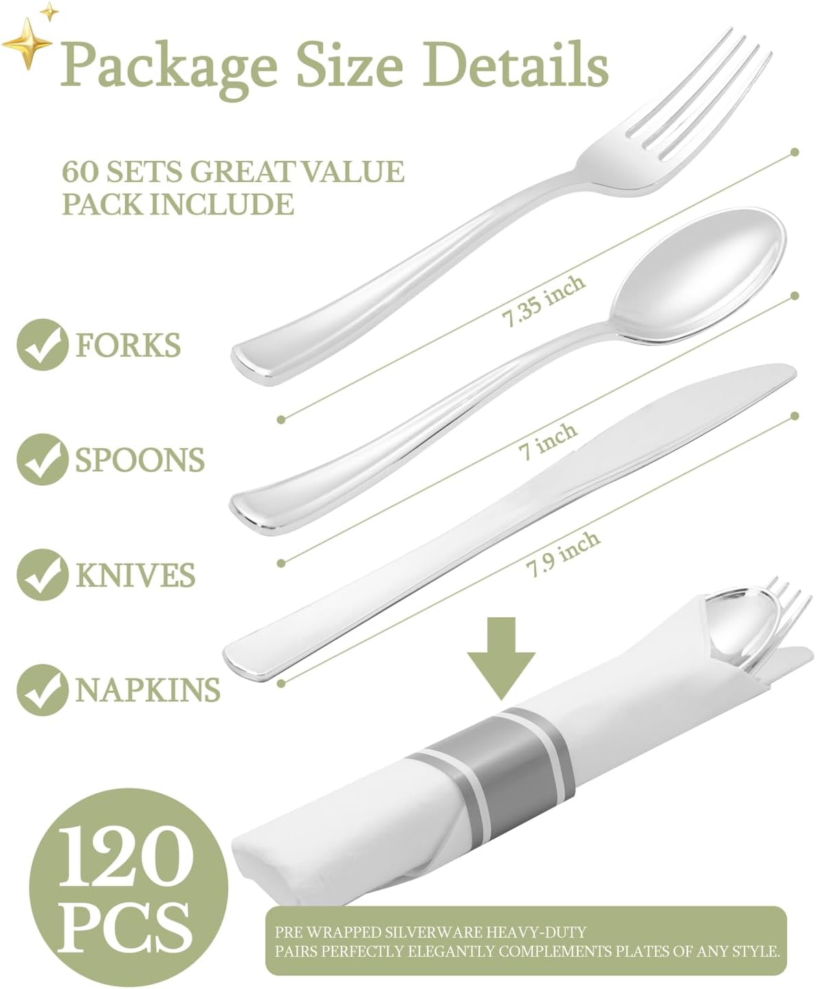 Supernal 240 Silver Plastic Silverware Set - 60 Sets Pre Rolled Napkins with Cutlery - Mirror Polished Real Look Disposable Silver Utensils- Elegant Heavy Duty Flatware for Weddings & Catering