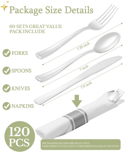 Supernal 240 Silver Plastic Silverware Set - 60 Sets Pre Rolled Napkins with Cutlery - Mirror Polished Real Look Disposable Silver Utensils- Elegant Heavy Duty Flatware for Weddings & Catering