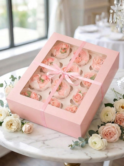 Bakepacker Auto-pop Up Cupcake Boxes with Window White 20PCS 12 Count Cupcake Box 13"x10"x3.5" Cupcakes Carrier, 12 Cupcake Containers with rolls of pink ribbons