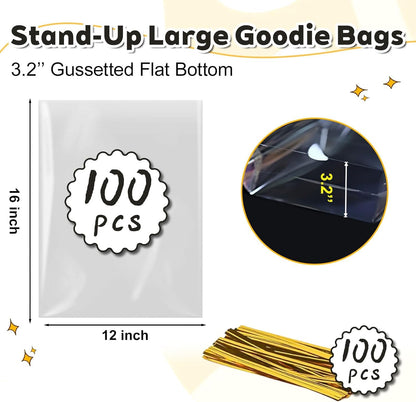 PigPotParty Cellophane Treat Bags 6x9 Inch, 50 Pack Clear Goodie Bags with Bottom Gusset for Stand-Up Display, Small Plastic Gift Wrap for Cookies, Candy, Party Favors, Popcorn, Includes 50 Gold Ties