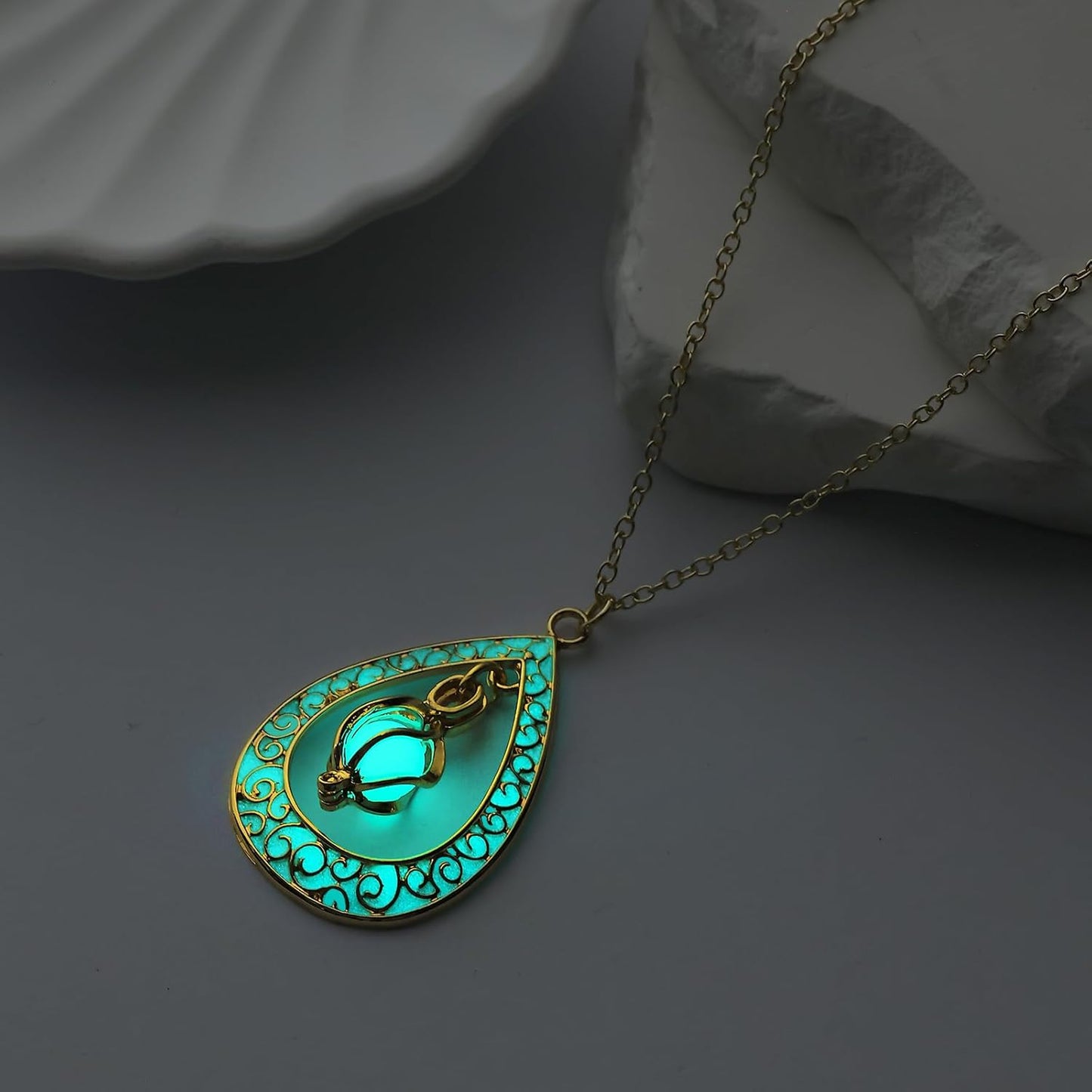 EEQQBZ Glow in The Dark Silver Teardrop shape necklace,Fantasy Glowing Jewelry Charm
