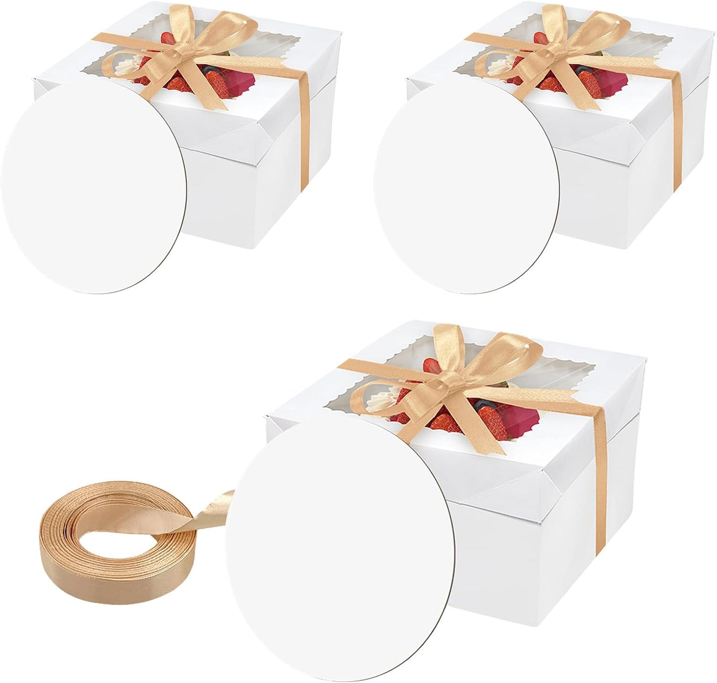 6PCS 12x12x8 Inches Cake Boxes with Boards—（3 Boxes with window & 3 Borads & 70ft Silk Ribbon） Large Square Baking Boxes for Christmas,Birthday Party, Wedding, Valentine's Day