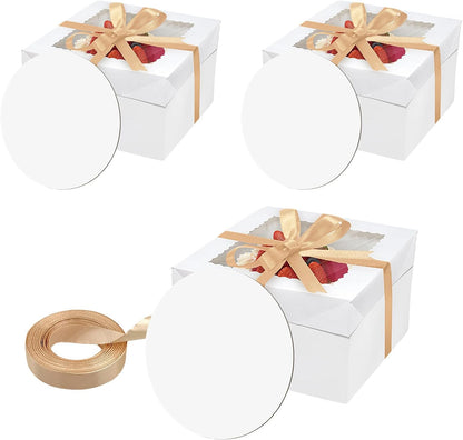 6PCS 12x12x8 Inches Cake Boxes with Boards—（3 Boxes with window & 3 Borads & 70ft Silk Ribbon） Large Square Baking Boxes for Christmas,Birthday Party, Wedding, Valentine's Day