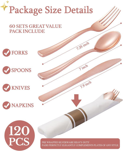 Supernal 240 Silver Plastic Silverware Set - 60 Sets Pre Rolled Napkins with Cutlery - Mirror Polished Real Look Disposable Silver Utensils- Elegant Heavy Duty Flatware for Weddings & Catering