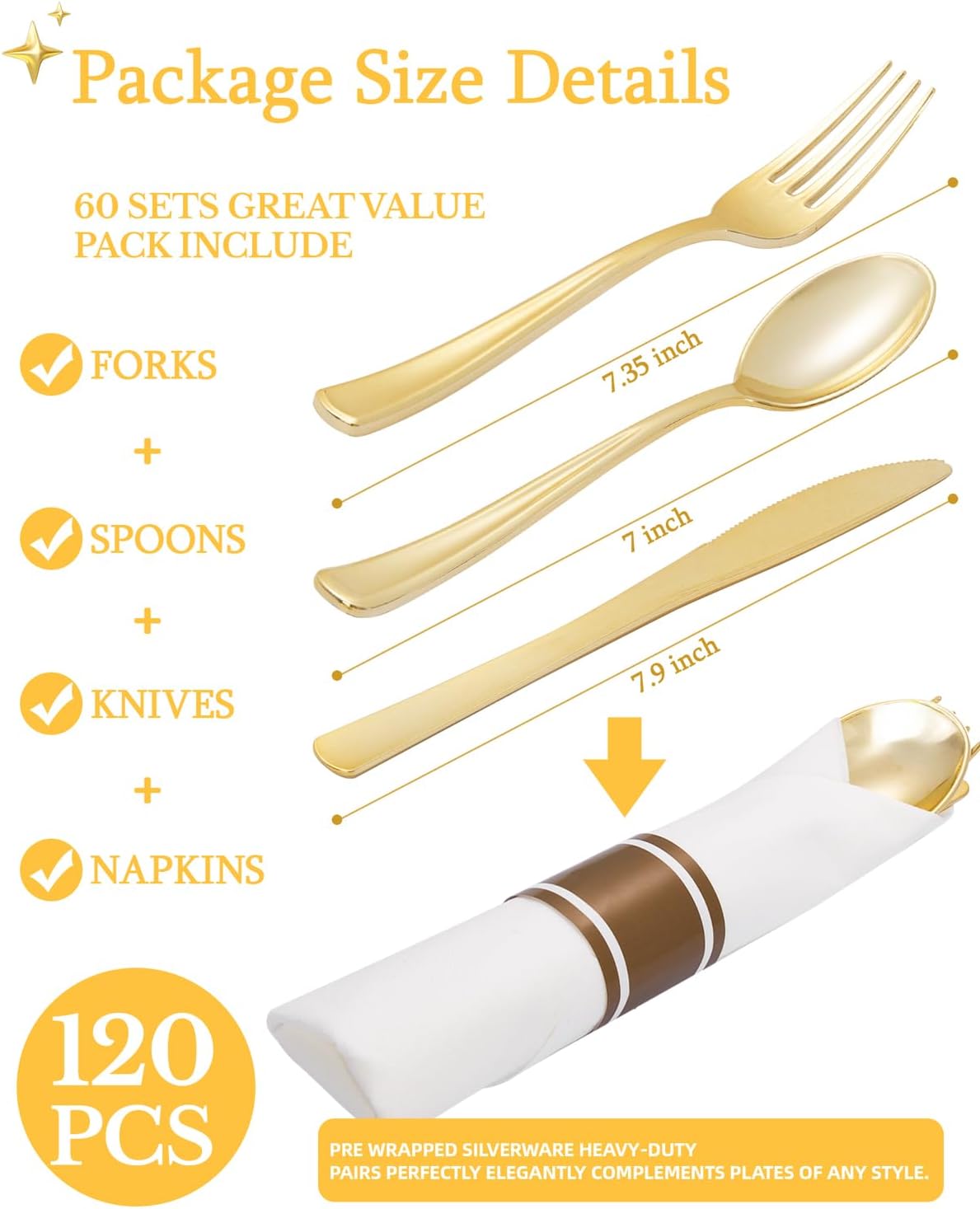 Supernal 240 Silver Plastic Silverware Set - 60 Sets Pre Rolled Napkins with Cutlery - Mirror Polished Real Look Disposable Silver Utensils- Elegant Heavy Duty Flatware for Weddings & Catering