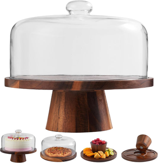 Acacia Wood Cake Stand with Glass Lid – 12" Magnetic Base, Detachable Serving Tray for Cake, Cheese, Charcuterie, Snacks & Desserts – Wooden Cake Holder for Parties & Kitchen Display
