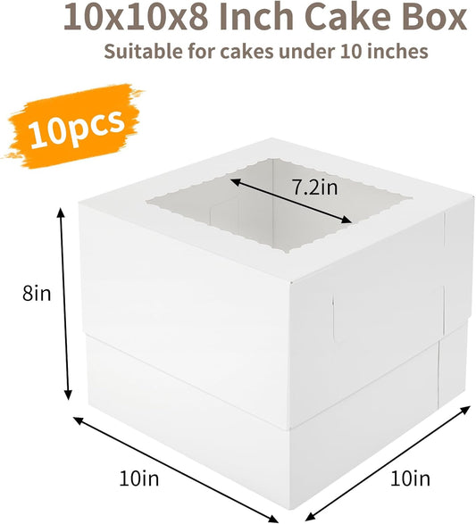 Moretoes Tall Cake Boxes 10x10x8 Inches with Window 10pcs Cajas Para Pasteles Cake Box 10 Inch for Donuts, Pie, Cookies, Valentine's Day, Mother's Day, Wedding, Birthday (White)