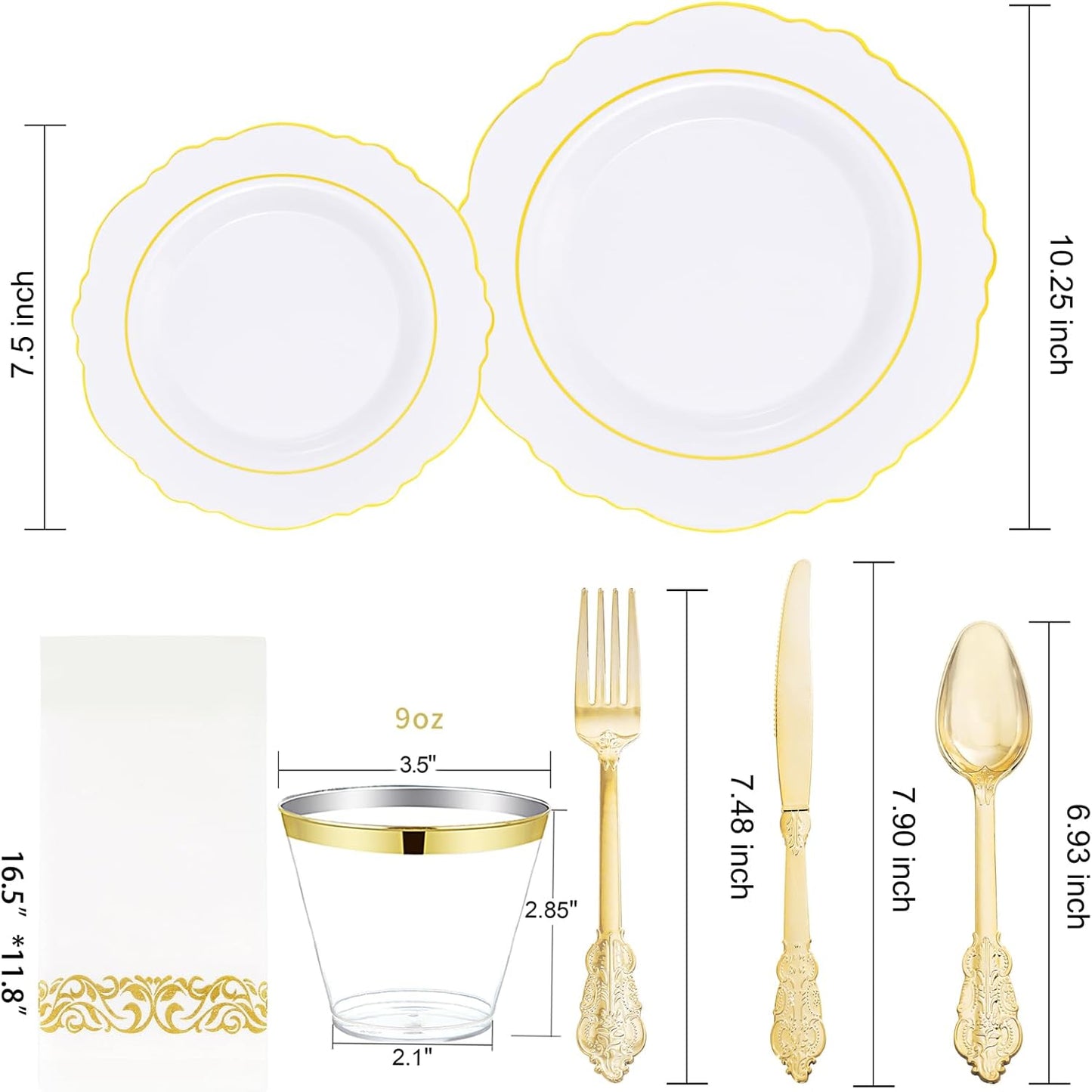 350 Pieces Black and Gold Plastic Plates with Disposable Silverware, Include 50 Dinner Plates 9”, 50 Dessert Plates 6.3”, 50 Black Cups 9 OZ, 50 Pre Rolled Napkins for Wedding Party Graduation