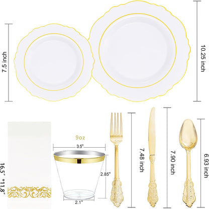 350 Pieces Black and Gold Plastic Plates with Disposable Silverware, Include 50 Dinner Plates 9”, 50 Dessert Plates 6.3”, 50 Black Cups 9 OZ, 50 Pre Rolled Napkins for Wedding Party Graduation