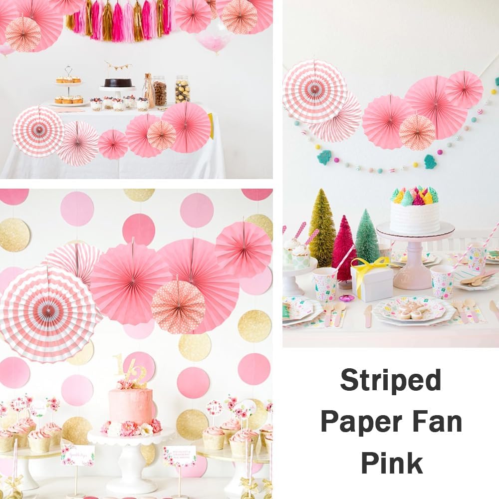Hocansen 6PCS Paper Fan Garland Paper Fans Party Decorations 8/12/16in Hanging Papers Fans Set Round Papers Fans Pattern Garland for Birthday, Wedding (ZS/Pink)